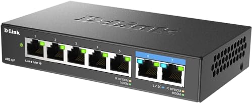 Image of D-Link 7-Port 2.5GB Unmanaged Gaming Switch with 2 x 2.5G, 5 x 10 /100 /1000 Mbps - Multi-Gig, Network, Fanless, Plug & Play (DMS-107) Black