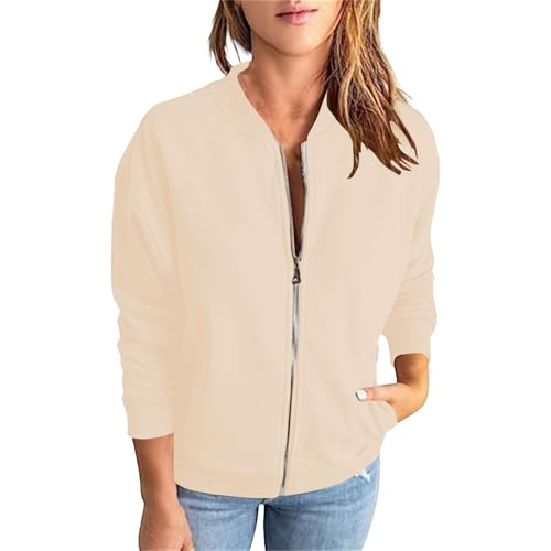 Damen-Bomberjacke, leger, langärmelig, durchgehender Reißverschluss, Damenjacke mit Tasche, leichte Herbst-Oberbekleidung, khaki, 3XL