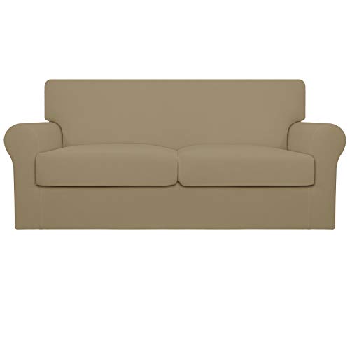 Image of Easy-Going Stretch Oversized Loveseat Couch Cover for 2 Cushion Washable | Sofa Slipcover for Stretch 2 Separate Sectional Cushion Couch - Furniture Protector for Pets, Kids Tan
