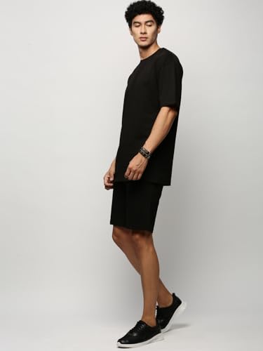 Image of SHOWOFFFF Men Solid Two-Piece Co Ords | Round Neck Half Sleeves Cotton Co Ords for Mens | Mid-Rise Regular Fit Above Knee Co Ords for Men's