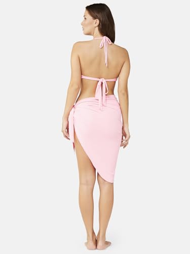 Image of ZeroKaata Stretchable Ribbed Bikini Set with Sarong Skirt for Women | 3 Piece Swimsuit & Beach Wear Set | Vacation, Resort Wear, Pool Party & Holiday Swimwear