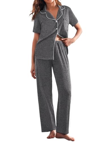 Image of Ekouaer Womens Pajamas Set Print PJs Soft Button Down Sleepwear Short Sleeve Lounge Set with Pockets