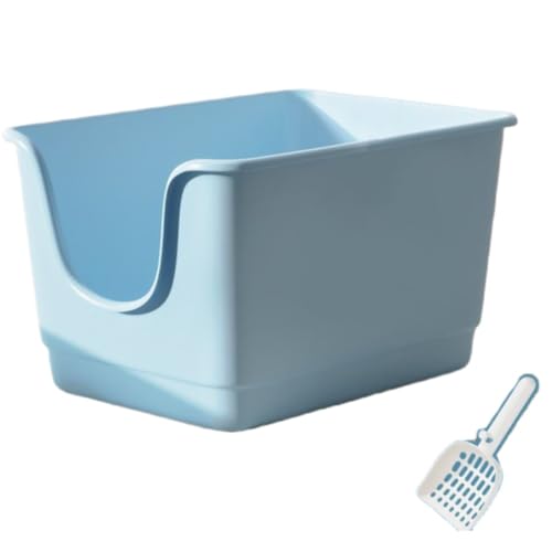 Arfobug 特大猫用トイレボックス、大型猫用バスルーム本体、半密閉型、大容量、飛散防止、砂やハエを防ぐためのオープンキャットフンハイフェンス、深さ60x47x31cm、お手入れ簡単、消臭・抗菌、シャベル付きの大きな開口部 (大型猫用トイレ - ブルー
