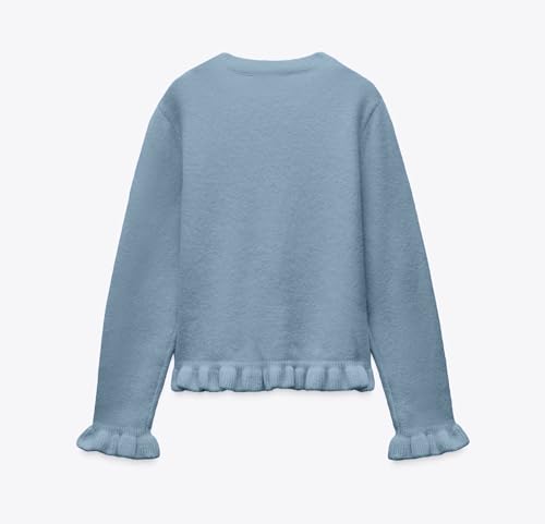 Women Crewneck Button Up Cropped Cardigan Sweaters Y2k Frilly Ruffle Knit Open Front Long Sleeve Knitwear Shirts3