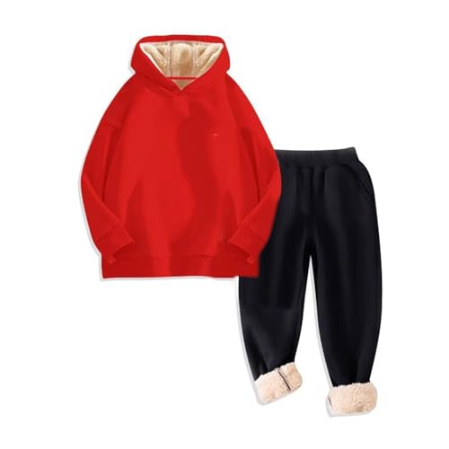 Boys Girls Fleece-Lined Jogging Set Plain Thick Warm Pullover Hoodies+Sweatpants Outfits Winter Padded Sweatshirt Set
