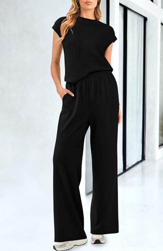 BTFBM Women Two Piece Outfits Summer Short Sleeve Knit Tops Wide Leg Pants Lounge Matching Sets Sweatsuit Airport3