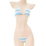 OLYOLY しまぱん コスプレ 下着 マイクロ ビキニ 上下セット スポブラ 縞パン おとこの娘 青 しましま パンツ ショーツ 紐 レディース おとこの娘 (C 白×青)
