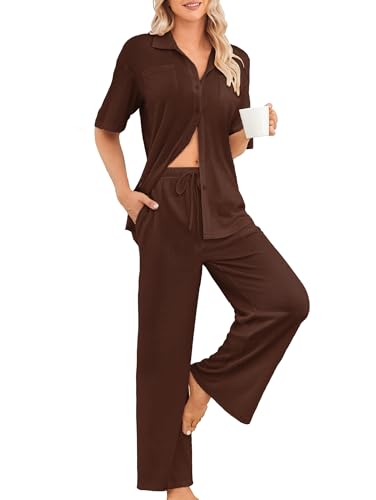 Image of Kikibell Womens Pajama Sets 2 Piece Outfits Lounge Pjs Waffle Knit Sleepwear Button Down Shirts Wide Leg Pants with Pockets