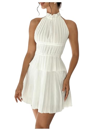 MakeMeChic Women's 2 Piece Outfits Tie Backless Halter Tops and Pleated Mini Skirt Sets White Medium