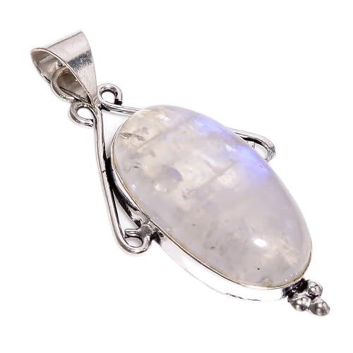 HI InternationalAmazing A One Quality 100% Natural Rainbow Moonstone Gemstone Oval Shape Ethnic Style Handmade Jewelry GS Pendant 2.3" Z-26