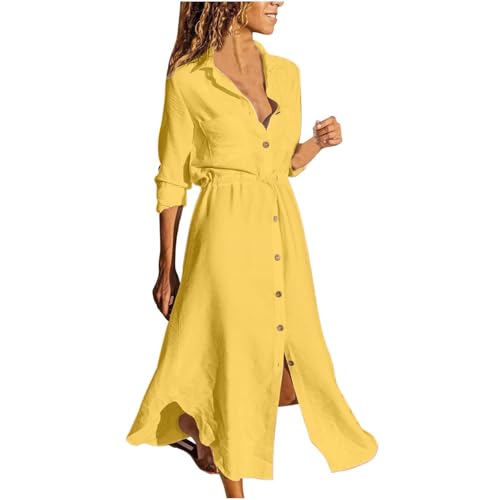 Cihdmfb Shirtkleid Damen Große Größen Baumwolle Leinen Kleid Casual Revers V-Ausschnitt mit Knöpfen Blusenkleid Elegant Einfarbig Langarm...