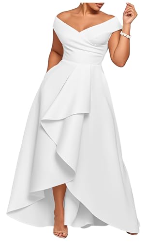 Off The Shoulder Mother of The Bride Dresses with Pockets High-Low V Neck A Line Evening Party Dresses with Ruffle