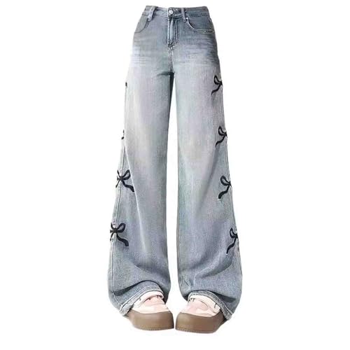 Women's Denim Pants Y2K Jeans Retro Embroidered Pattern Printed Loose Casual Jeans Straight Leg Pants