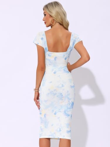 Image of Allegra K Midi Ruched Dress for Women's Cocktail Bodycon Square Neck Printed Dresses