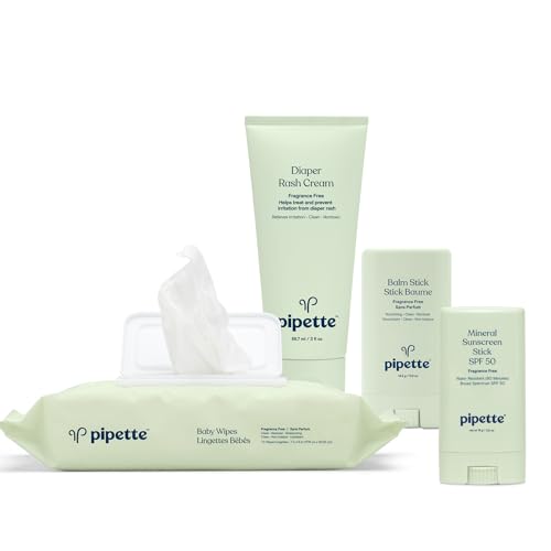Image of Pipette Baby Travel Essentials Set Bundle, Clean, 100% Mineral Water-Resistant Sunscreen SPF 50, Fragrance-Free Baby Balm Stick, Water-Based Baby Wipes, Fragrance-Free Diaper Rash Cream