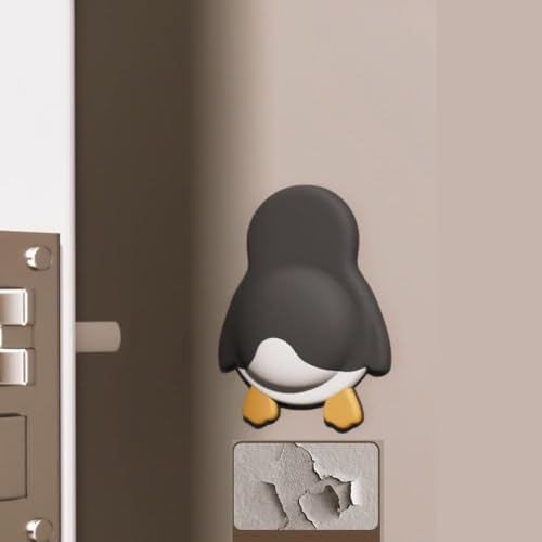 Image of KIMEE Penguin Shape Silicone Wall Protector Door Stopper | Soft Rubber Bumper for Door Handle, Fridge & Furniture | Noise & Scratch Protection (Pack of 2) (Penguin - Black)