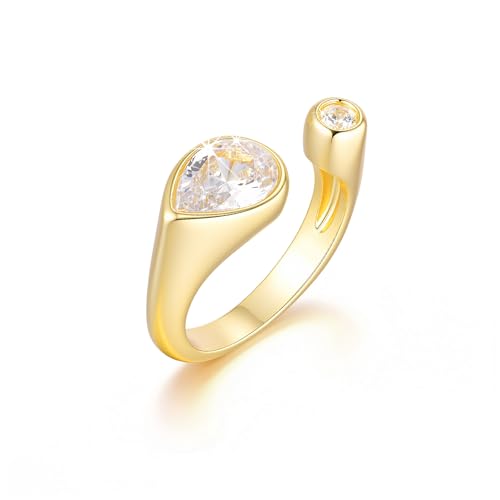 Gamtic Dicke Offene Goldringe für Damen – 14k Vergoldete Silber Gewundene Stapelbare Ringe Überkreuzte Umarmungs Ringe mit Tropfenförmiger Zirkonia Modischer Schmuck Geschenke für Frauen (Gold)