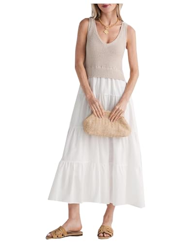 Women's V Neck Sleeveless Midi Dress Patchwork Knit Casual Long Flowy Summer Tank Dress