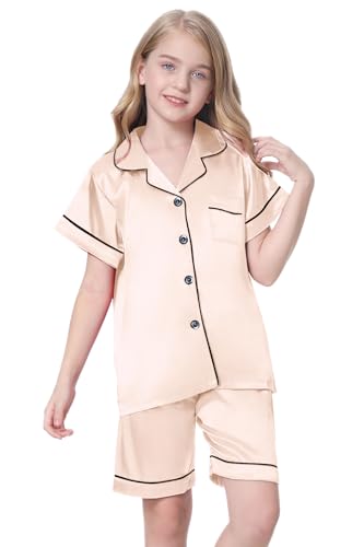 Image of Schbbbta Girls Womens Pajamas, Satin Silky Pjs Set Kids 2Pcs Button-Down Nightwear Sleepwear Gift for Mommy and me