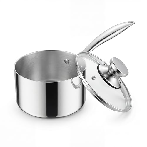 Homikit 1 Quart Saucepan, Tri-Ply Stainless Steel Sauce Pan with Lid, 1QT Small Induction Cooking Pot with Ergonomic Handle, Small Pan for Making Sauce, Warming Milk, Boiling Eggs, Dishwasher Safe