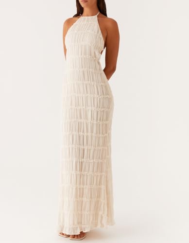 Image of Women Halter Neck Maxi Dress Sleeveless Lace Tiered Smocked Long Dress Sexy Backless Party Vacation Beach Sundress Apricot