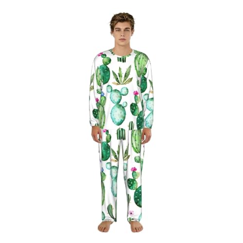 Ensemble de pyjama pour homme manches longues imprimé cactus vêtement de nuit confortable S-3XL