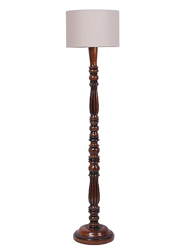 Image of Cotton Shade Floor Lamp with Wooden Base - Height 56 Inches, Grey | Modern Standing Lamp for Living Room, Bedroom, Office | Stylish & Decorative Home Lighting | Elegant Decor