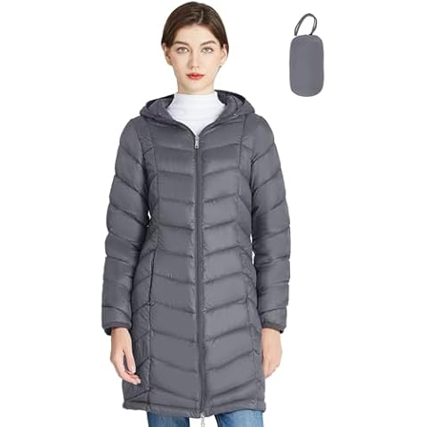 SLOWTOWN Women’s Lightweight Puffer Coat Long Hooded Puffer Jakcet Packable Warm Winter Coat (Grey, Large) Cover