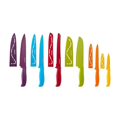Farberware 12-Piece Non-Stick Resin, Dishwasher-Safe Kitchen Knife Set with Custom-Fit Blade Covers, Razor-Sharp, Multicolor