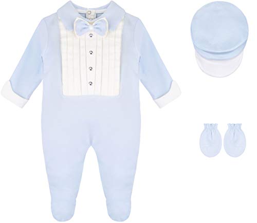 Lilax Baby Boy Gentleman Outfit Footie with Hat, Bow Tie and Mittens 3 Piece Set 3-6 Months Blue