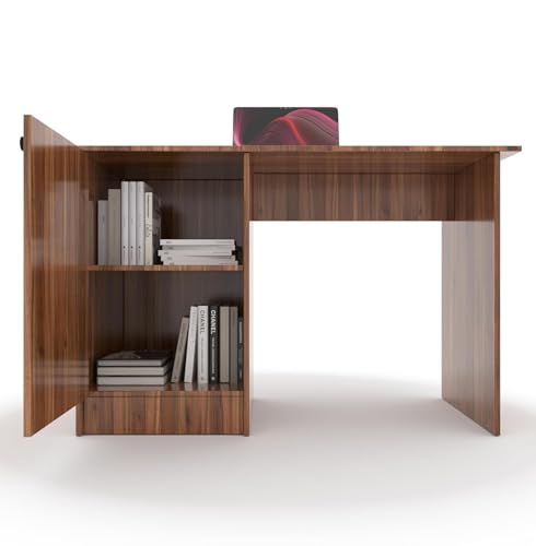 Image of 55 * 120 * 75 CM Engineered Wood Office Desk with Closed Cabinet & Storage Shelves for Storing Books, Stationery | Tabloft Executive Table for Office | 1 Year Warranty- Lyon Walnut