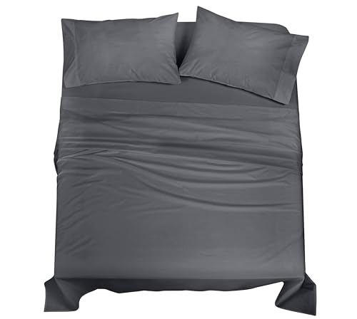 Image of ROYALE LINENS 100% Organic Cotton Queen Sheet Set - Percale Weave - 4 Pieces Set - 1 Flat, 1 Deep Pocket Fitted Sheet and 2 Pillowcases - Grey Bed Sheets - Sabanas Queen - Crisp Cool (Grey)