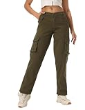 siyecaoo Cargohose Damen Y2K Hosen Elastische Taille Multi Taschen Leichte Hose mit weitem Bein Baumwolle Wanderhose Jogginghose Freizeithose Army Green 14-Tag 44