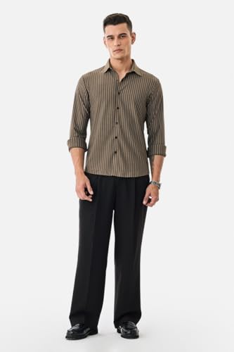 Image of SNITCH Men Casual Plus Size Shirt | Regular Fit Full Sleeve Mandarin Collar Striped Design | Premium Cotton Linen Blend & Breathable Fabric for Office & Everyday Wear