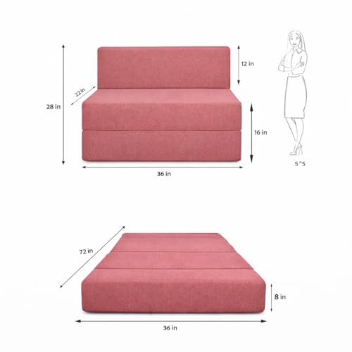 Image of Foldable One Seater Sofa Bed 3 x 6 Ft Jute Fabric Washable Cover Convertible Sofa Bed for Home & Office, Guest Room (Finish Color - Rose Pink - Pre-Assembled)