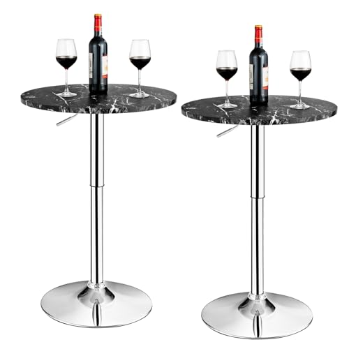 Image of TANGZON Round Bar Table, Height Adjustable Marble Top Steel Counter Pub Desk, 360° Swivel Bistro Table for Kitchen, Restaurant and Cafe (2, Black)