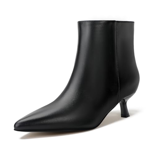 IDIFU Black Ankle Boots for Women Low Short Kitten Heel Booties Detachable Metal Strap Zipper Closed Pointed Toe Fall Ladies Booties Cute Trendy Stylish Fashion Dressy Boots(Black Pu, 8)