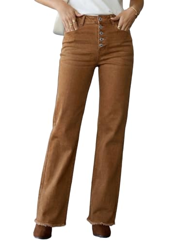 Sidefeel Women's Jeans High Waisted Stretchy Wide Leg Jeans Trendy Button Fly Raw Hem Straight Leg Denim Pants Brown Size 10