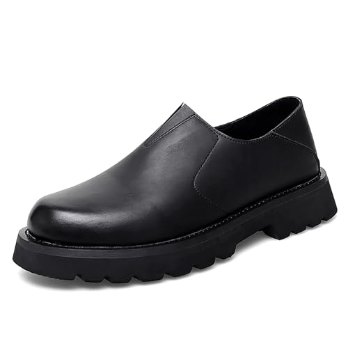 Men's Genuine Leather Platform Slip-on Loafers Retro Comfortable Round Toe Anti-Slip Lug Sole Chunky Heel Penny Loafers for Business Casual Light Walking Work Shoes