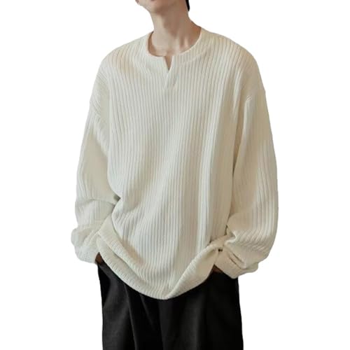 T-shirt blanc col en V pour homme en maille texturée à manches longues