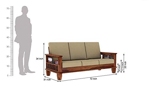 Image of Sheesham Wood 3 Seater Sofa with Pocket Storage | Multipurpose Wooden Three Seater Couch Set for Living Room Home and Office (Honey Finish) | 1 Year Warranty