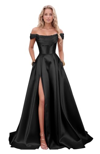 ALFEICE Off Shoulder Prom Dresses for Women Satin Elegant Strapless Wedding Guest Dress Ball Gowns Formal Evening Gowns Black 12