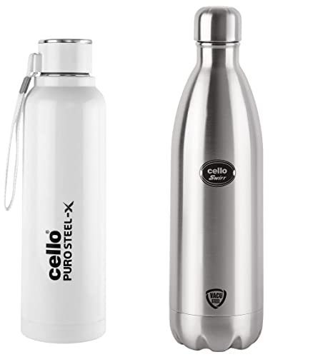 Image of Cello Swift Stainless Steel Double Walled Flask, Hot and Cold, 1000ml, 1pc & Cello Puro Steel-X Benz Water Bottle (900 Ml), 1 Piece