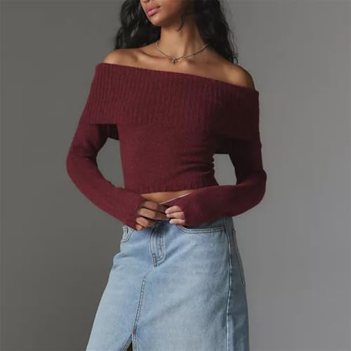 Image of Women Off The Shoulder Sweater Y2k Long Sleeve Boat Neck Knit Cropped Pullover Tops Fall Trendy Going Out Streetwear