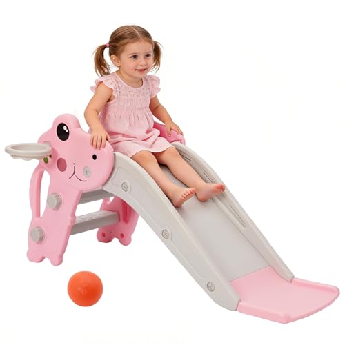 Tobogán Infantil 3 en 1 Tobogán para Niños, con Canasta de Baloncesto, Escalera Antideslizante y Escalada Bebés, Bordes Lisos Redondeados, de 1 a 3 Años para Interior (Rosa)