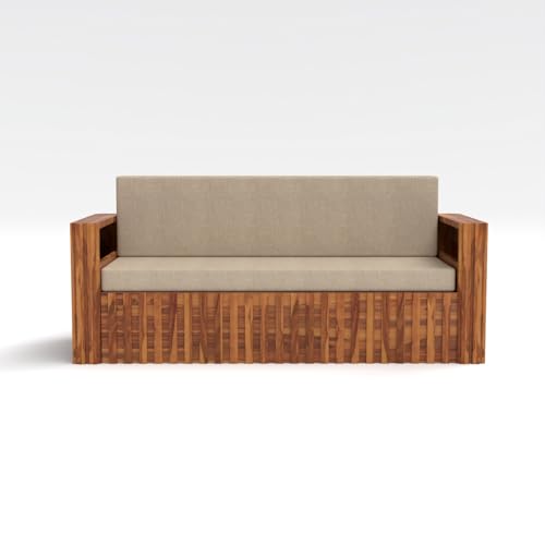 Image of Kunjal Furniture Solid Sheesham Wood Sofa Cum Bed with Storage for Living Room | Natural Finish | 3-Seater Convertible Sofa Bed | Handmade Wooden Furniture (Natural, American)