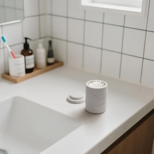 WORHE Marble Canister with Lid Natural Qtip Holder for Cotton Swabs, Balls, Pads, Floss Picks, Bath Salts - Vanity Makeup Storage Organizer Bathroom Essentials Accessories Decor White (DL011)