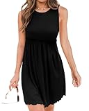 BTFBM Women Sleeveless Summer Dress 2025 Crewneck Ribbed Knit Ruffle Swing Button Down Beach Sun Mini Tank Short Dresses(Solid Black, X-Large)