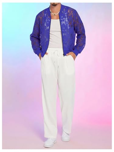 Image of WDIRARA Men's Floral Lace Bomber Jackets Long Sleeve See Through Outerwear