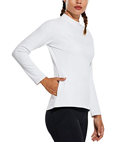 BALEAF Women's Thermal Long Sleeve Running Gear Shirt with Pocket Fleece Workout Mock Neck Pullover Tops for Cold Weather White X Small